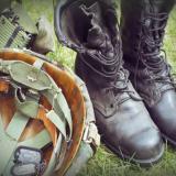Military boots and helmet
